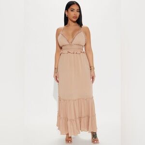 Fashion Nova Iris Lace Trim Maxi Dress – Crisscross Back – Boho Style – Tan/Khak